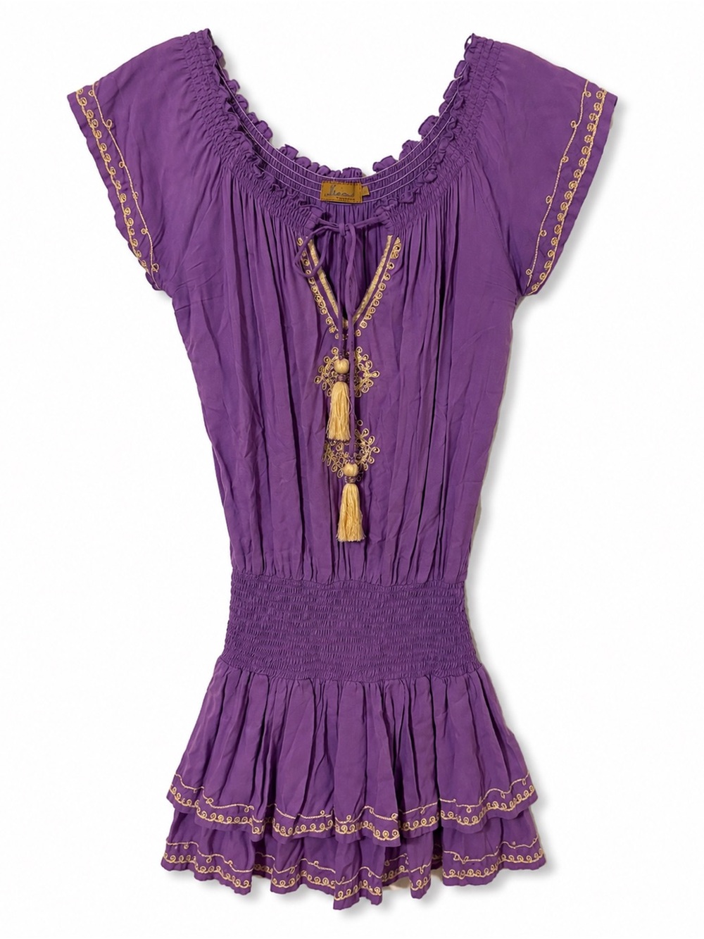 Skemo Purple Boho Mini Dress Embroidered Tassel Flutter Sleeve M